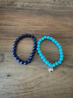 Dark Blue & Turquoise with Silver Heart Beaded Bracelet Set